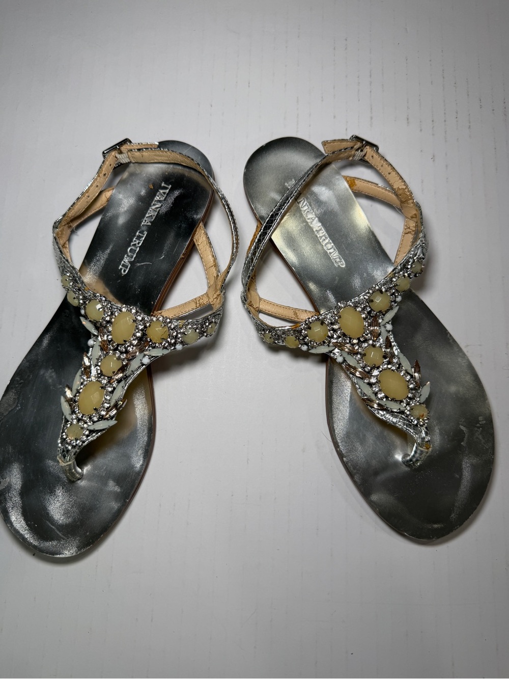 Ivanka Trump Silver T-Strap Sandals with Yellow Stone Accents